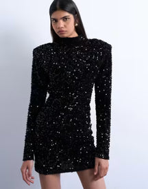 long sleeve velvet sequin mini dress with shoulder pads in black