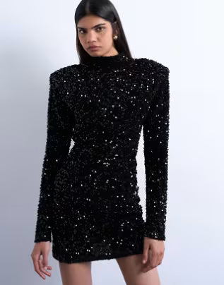 long sleeve velvet sequin mini dress with shoulder pads in black