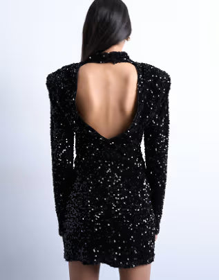 long sleeve velvet sequin mini dress with shoulder pads in black