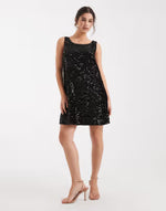 Pieces reversible slash neck sequin mini shift dress in black