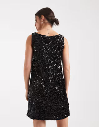 Pieces reversible slash neck sequin mini shift dress in black