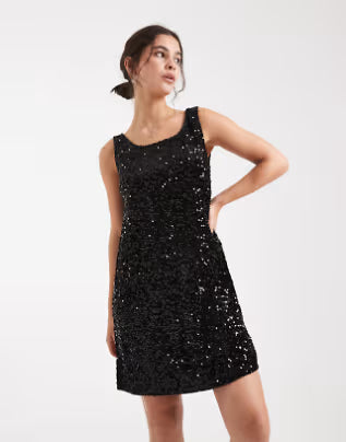 Pieces reversible slash neck sequin mini shift dress in black