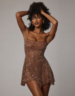 Oh Polly hanky hem hot fix embellished mini dress in caramel