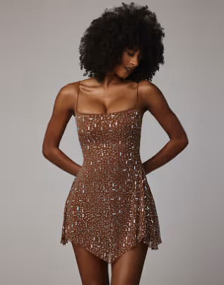 Oh Polly hanky hem hot fix embellished mini dress in caramel