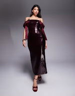 Kaiia Exclusive sequin off-shoulder oversized bow detail maxi dress in burgundy