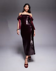 Kaiia Exclusive sequin off-shoulder oversized bow detail maxi dress in burgundy