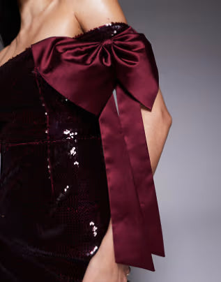 Kaiia Exclusive sequin off-shoulder oversized bow detail maxi dress in burgundy