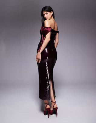 Kaiia Exclusive sequin off-shoulder oversized bow detail maxi dress in burgundy