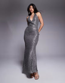 all over sequin plunge maxi dress in silver
