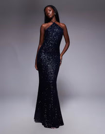 all over sequin halter maxi dress in navy