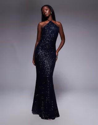 all over sequin halter maxi dress in navy