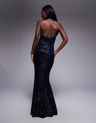 all over sequin halter maxi dress in navy