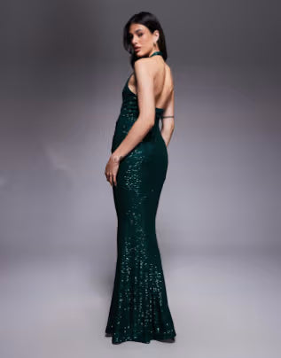 Tall all over sequin plunge maxi dress in emerald green