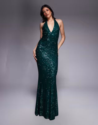 Tall all over sequin plunge maxi dress in emerald green