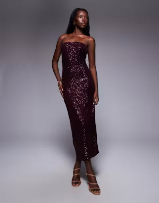 sequin bandeau midi dress in burgundy