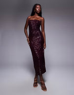 sequin bandeau midi dress in burgundy