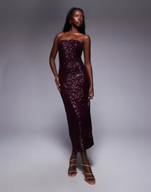 sequin bandeau midi dress in burgundy