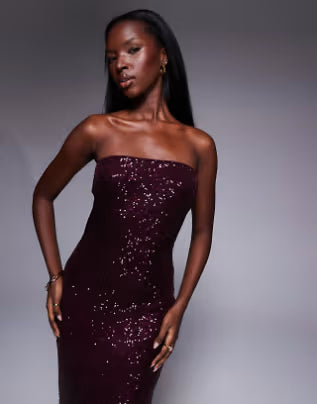 sequin bandeau midi dress in burgundy