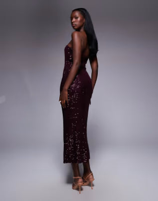 sequin bandeau midi dress in burgundy