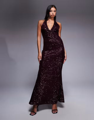 all over sequin plunge maxi dress in burgundy