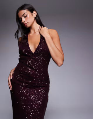 all over sequin plunge maxi dress in burgundy