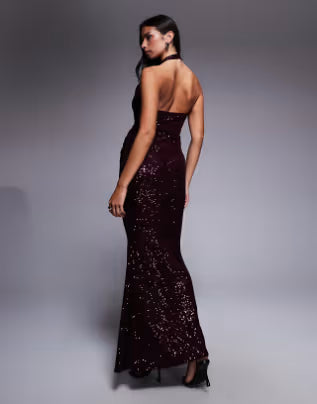 all over sequin plunge maxi dress in burgundy