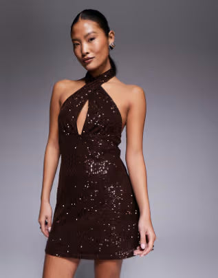 Petite all over sequin mini dress in chocolate