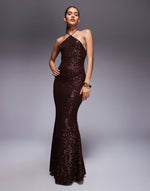 all over sequin halter maxi dress in chocolate brown