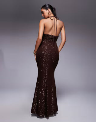 all over sequin halter maxi dress in chocolate brown