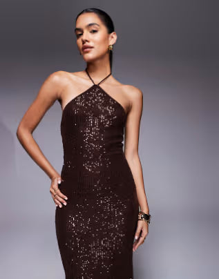 all over sequin halter maxi dress in chocolate brown