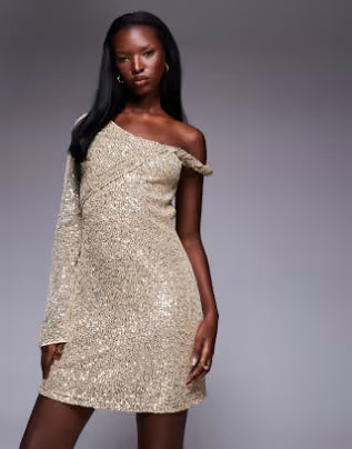 sequin one shoulder mini dress with twist detail in gold