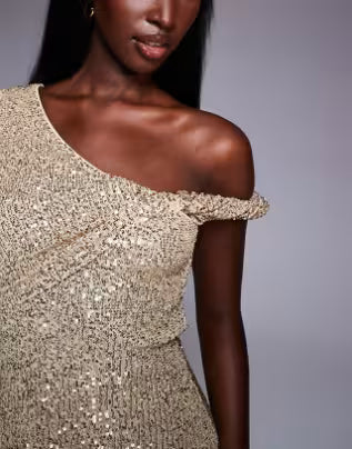 sequin one shoulder mini dress with twist detail in gold
