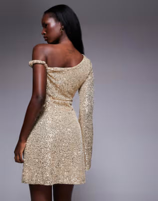sequin one shoulder mini dress with twist detail in gold