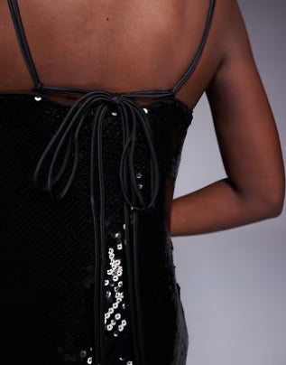 sheer sequin cowl neck mini dress with strappy back in black