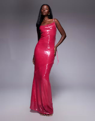 sheer sequin cowl neck maxi dress with strappy back in pink
