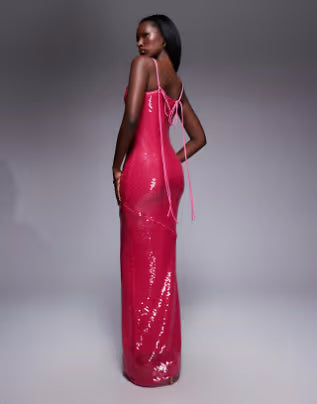 sheer sequin cowl neck maxi dress with strappy back in pink