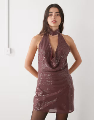 mini dress with cowl neck and choker detail in burgundy red sequin