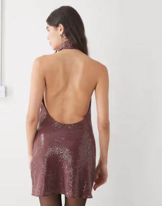 mini dress with cowl neck and choker detail in burgundy red sequin