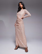 Petite sequin modest maxi dress with ruched detail in gold