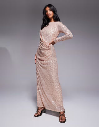 Petite sequin modest maxi dress with ruched detail in gold
