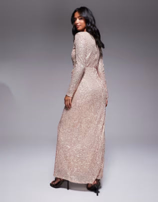 Petite sequin modest maxi dress with ruched detail in gold