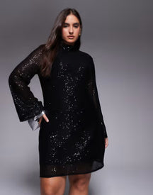 Plus high neck cowl back sequin mini dress in black