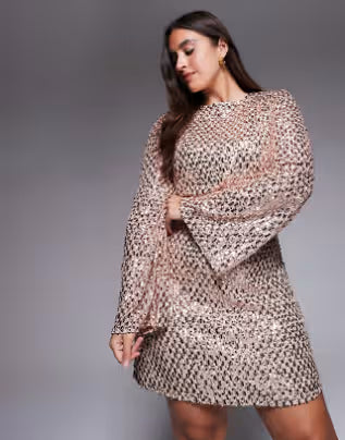 Jaded Rose Plus fluted sleeve sequin mini dress in gold