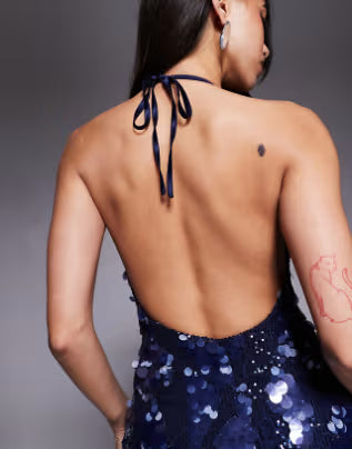 Tiger Mist Zana disc sequin plunge halterneck mini dress in navy