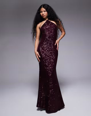 Petite all over sequin halter maxi dress in burgundy