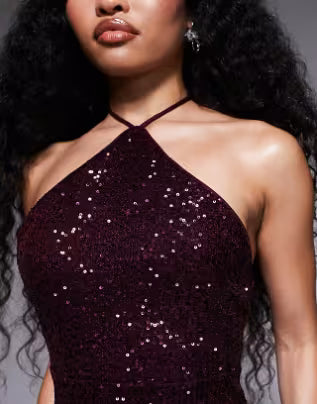 Petite all over sequin halter maxi dress in burgundy