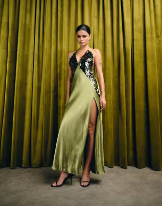 Bardot Yve sequin satin halter maxi dress in khaki