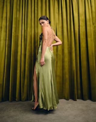 Bardot Yve sequin satin halter maxi dress in khaki