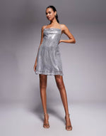 sequin cowl neck mini dress in silver