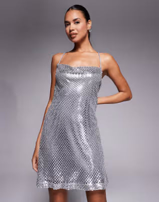 sequin cowl neck mini dress in silver